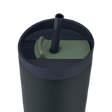 BlenderBottle 2-in-1 Shaker Tumbler lid featuring a straw and slider, perfect for leak-proof sipping. The bottle is blue-black with a green slider. | Color#Midnight